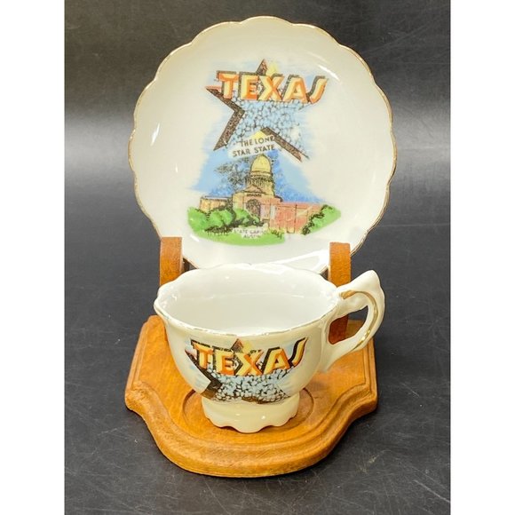 Vtg Miniature Demitasse Texas Star Souvenir Tea Cup & Saucer w/Stand Japan - Picture 1 of 12